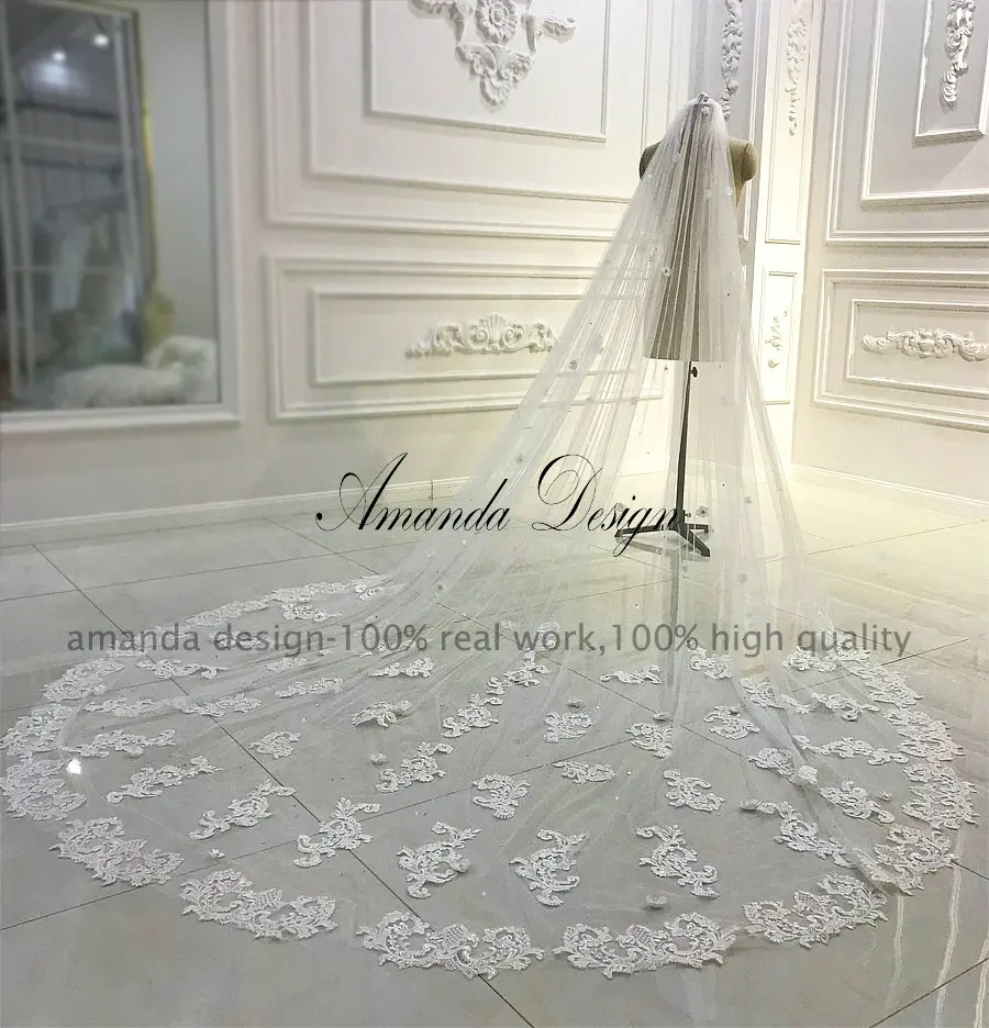 Amanda Design Royal Lace Appliques 3D Handwork Flower Long Veil