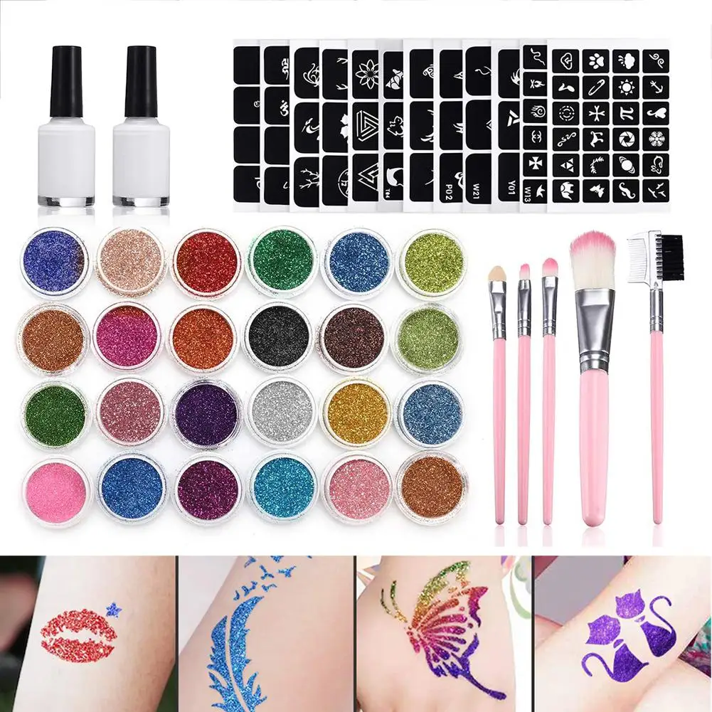 24 Colors Glitter Tattoo Set Template Flash Diamond Glitter Shine Flash Powder Temporary Tattoo Ink Face Body Painting Art Tools