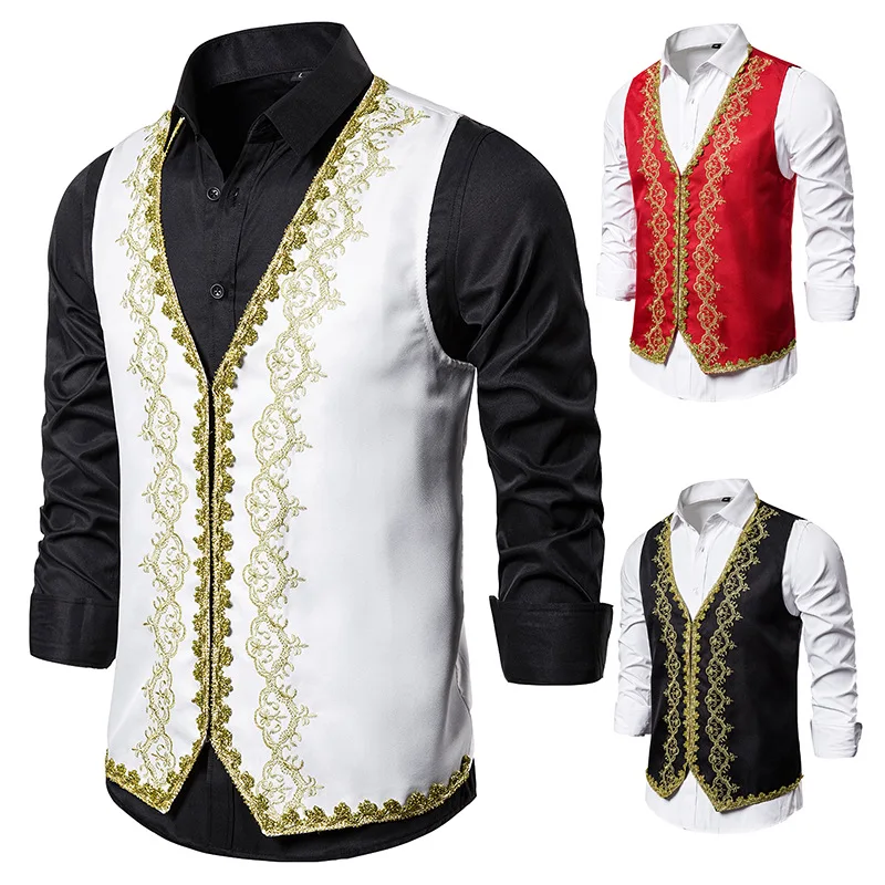 Chaleco de vestir de estilo europeo para hombre, ropa bordada a la moda, sin mangas, con cuello en V, para fiesta de boda y cantante