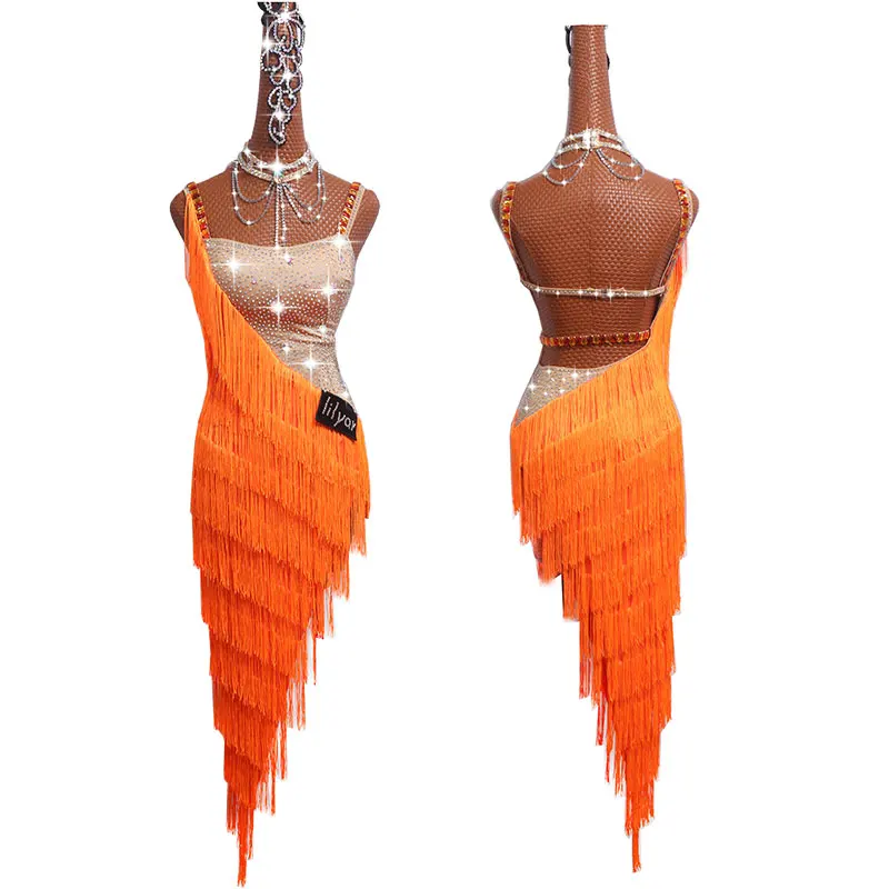 Vestido de baile latino para niños, falda latina, disfraces de competición, vestidos de actuación, diamantes de imitación brillantes, borla naranja personalizada