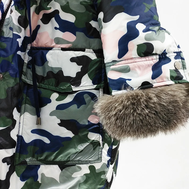 Veste à capuche mi-longue avec col en fourrure de renard, ample, camouflage, nouveau style, hiver