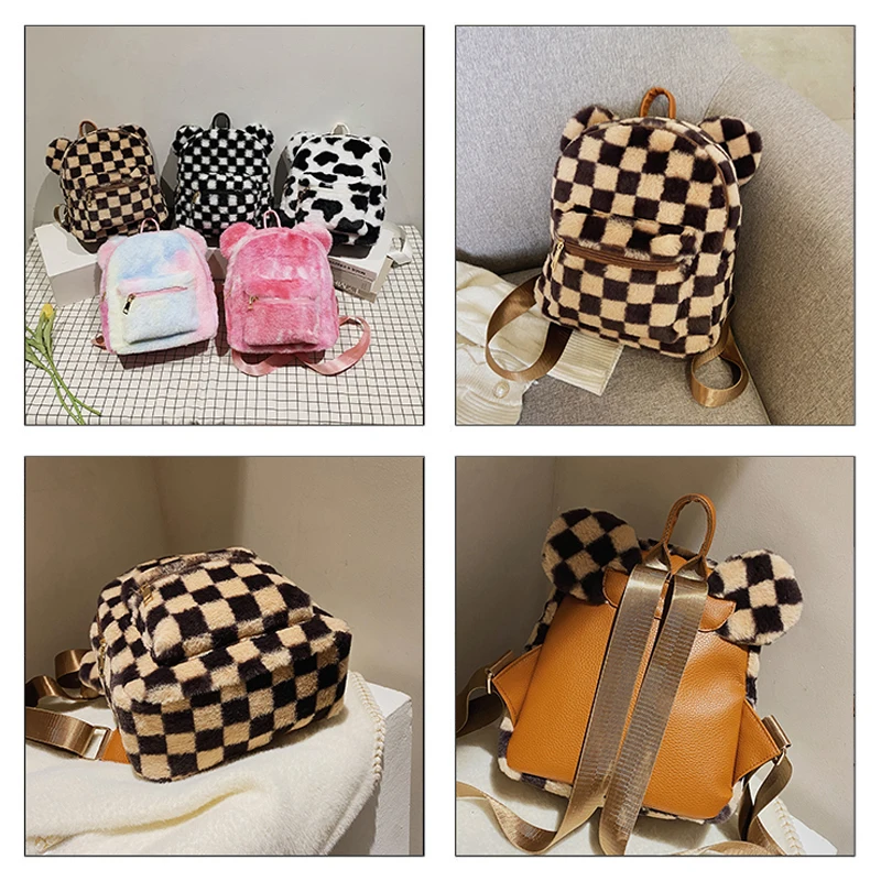 Checkered Mini Flauschigen Rucksack Für Frauen 2021 Bär Ohren Plüsch Rucksack Schachbrett Pelz Schultern Tasche Kawaii Plaid Pelzigen Bagpack