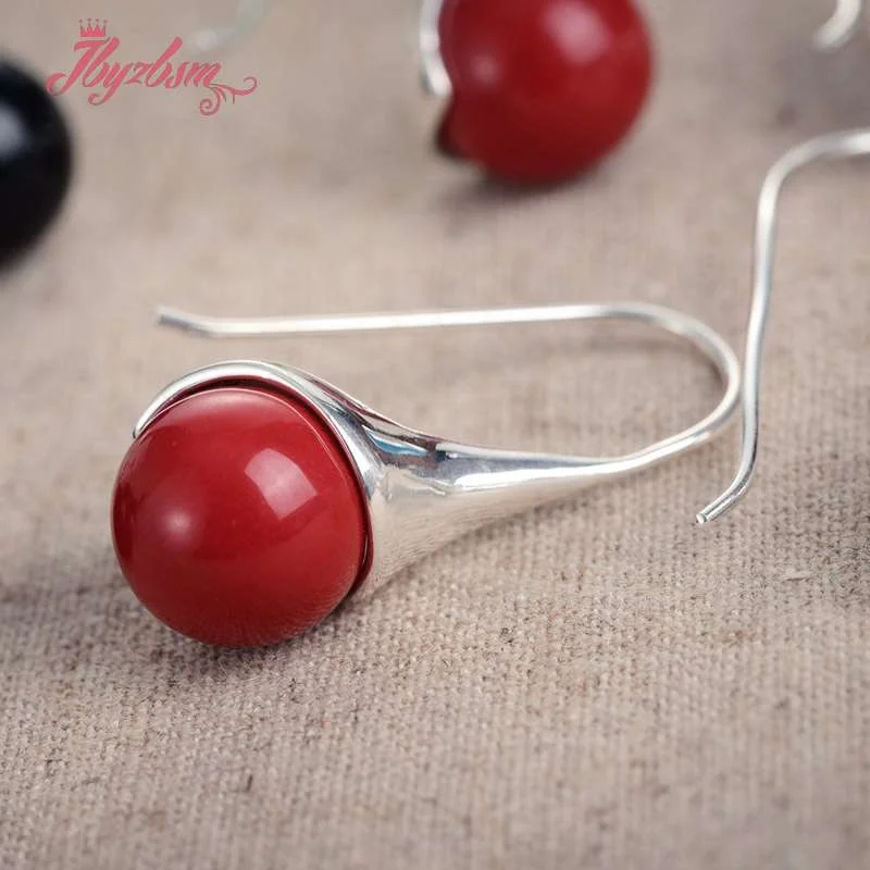 12mm Round Agates Shell Turquoises Stone Beads Fashion Jewelry Modern Drop Hanging Earrings For Woman Christmas Gift 1 Pair image 2