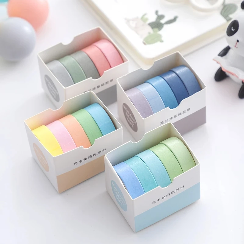 5Rolls/Set KawaiI Geometry Solid Color Washi Tape Decorative Masking Cute Scrapbooking Adhesive Office School Stationery Supplie