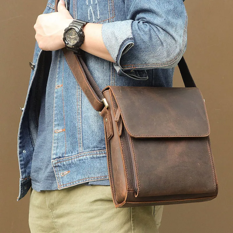 Vintage Flap Crazy Horse Leather Messenger Bag for Men Genuine Leather Crossbody Bag High Quality Travel Handbag Totes for Phone