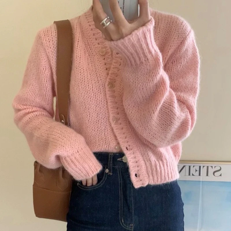 

Single-breasted Solid Pink Thick Cardigan Sweters for Women Knitted Sweater 2021 Winter Oversized Croppd Sweater Coat Korean Top