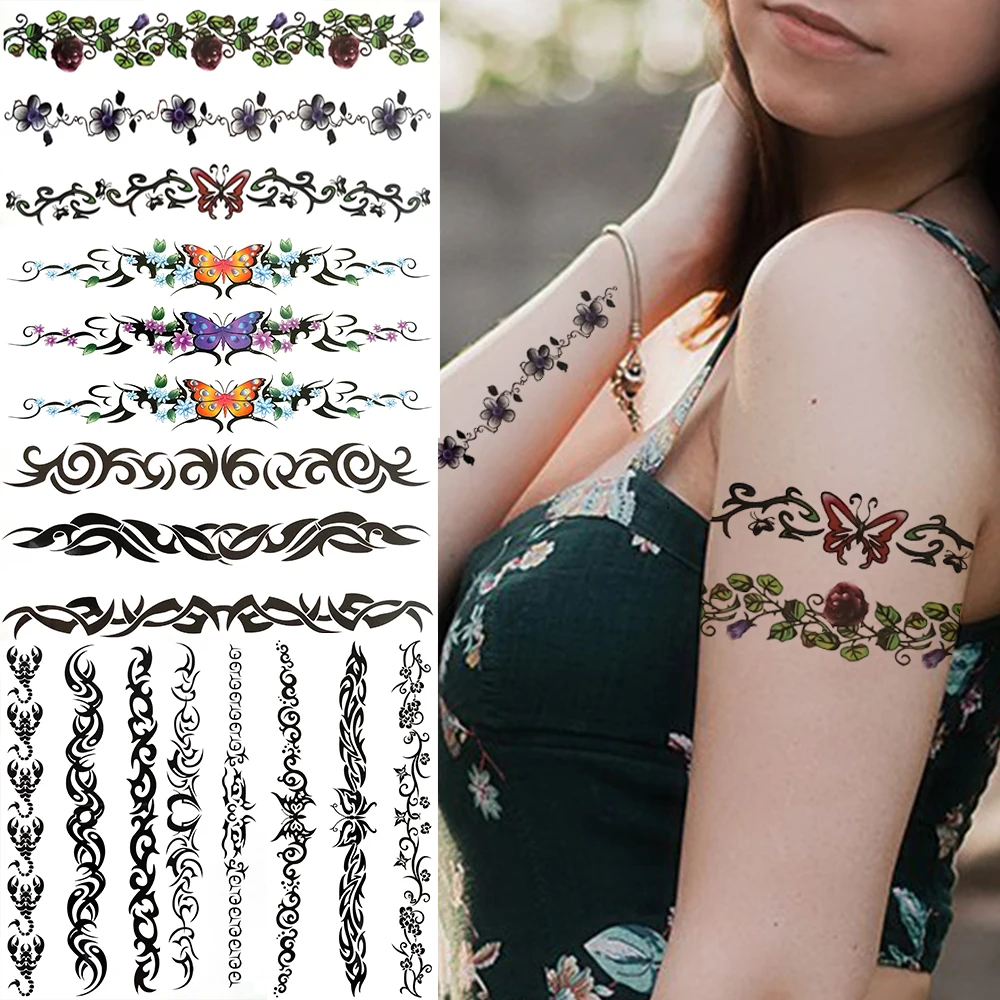 Thorns Flower Temporaray Tattoos For Women Men Adults Fake Tribal Totem Henna Tattoo Sticker Black Butterfly Body Tatoos Paste