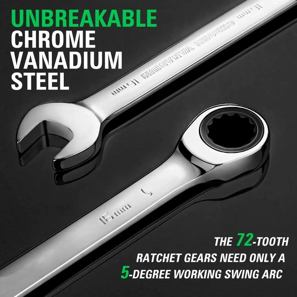 Ratchet Wrenches Chrome Vanadium Steel dengan Metrik 72 Gigi Box End Open End Standar Kunci Pas Set dengan Organizer Kotak tangan Alat