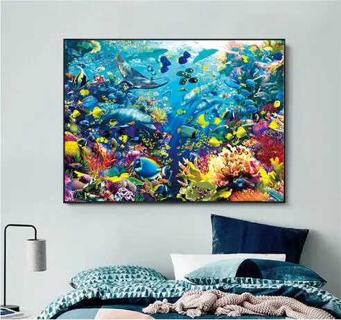 Needlework, cross stitch full embroidery kit,underworld blue sea fish landscape printed pattern cross stitch handwork gift