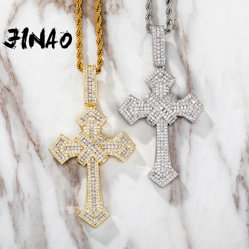 JINAO NEW HIP HOP High Quality  Personality Iced Out AAA+Rectangle CZ Cross Penadant Necklace Men and Women Jewelry For Gift