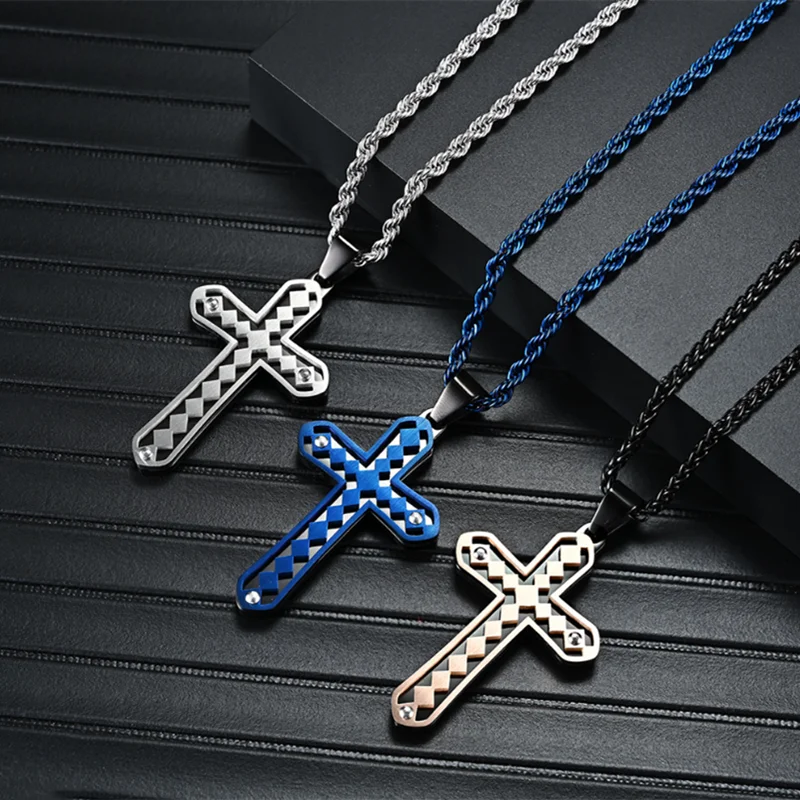 Double Layers Cross Pendants Necklaces for Men ane Women 3 Color Stainless Steel Cross Necklace Religious Jewelry