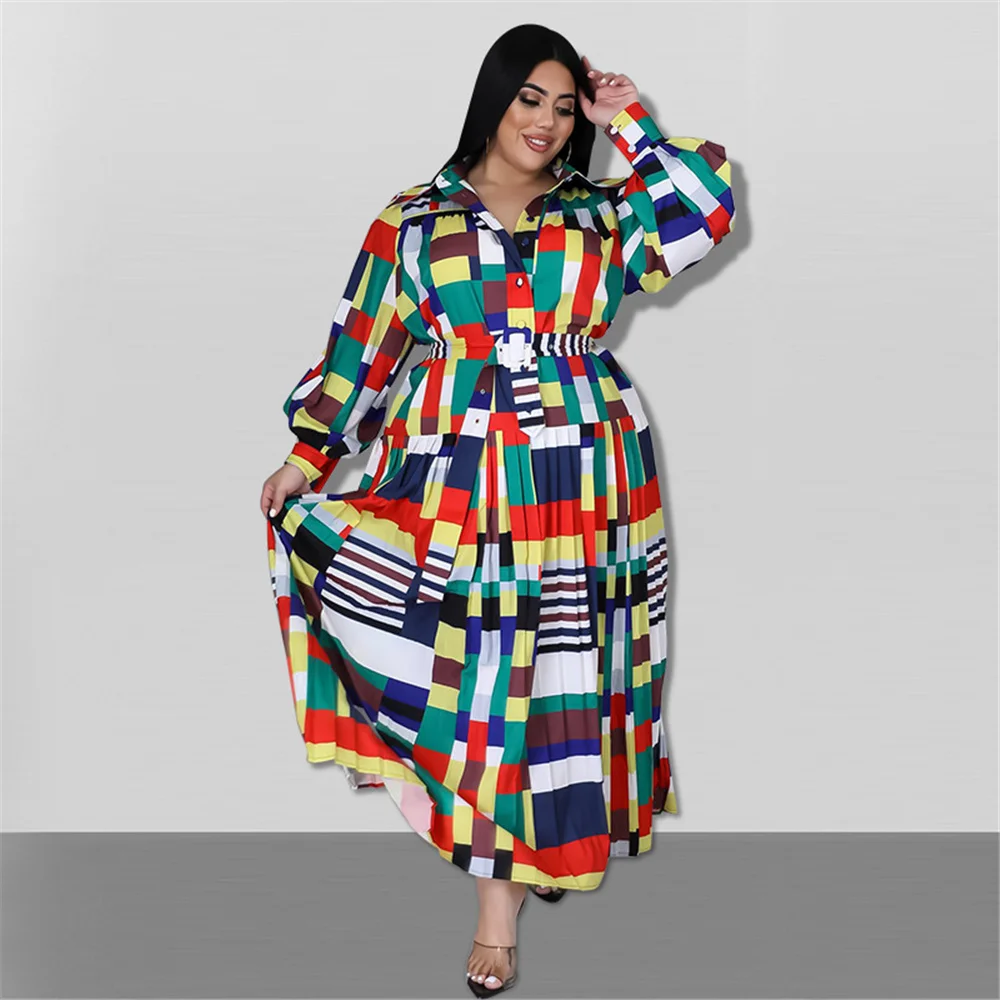 New Plus Size Dresses for Women 5XL Elegant Lady with Blet Loose Sexy Black Long Sleeve Maxi Shirts Dress Wholesale Dropshipping