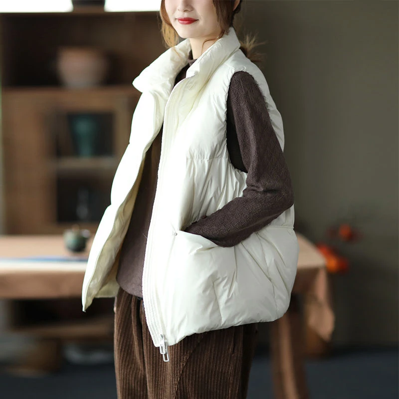 2021 Spring Autumn White Duck Warm Sleeveless Jackets Stand Collar Vintage Down Coats Woman Shorts Down Sleeveless Vest Jackets