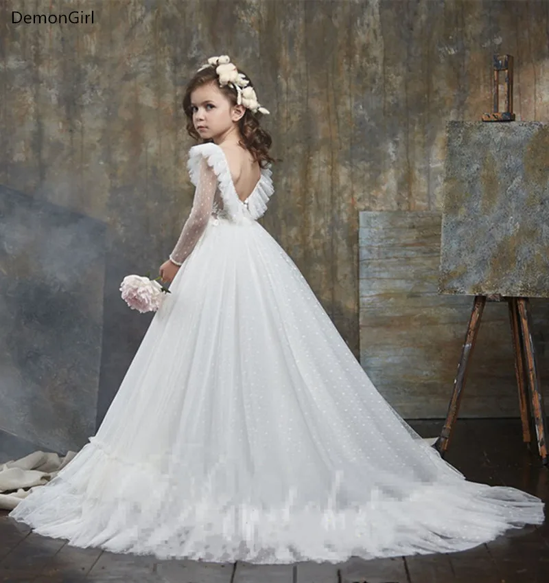 

Ivory White Flower Girl Dress Full Sleeves Long Ball Gown Kids Teens Party Dress First Communion Dress