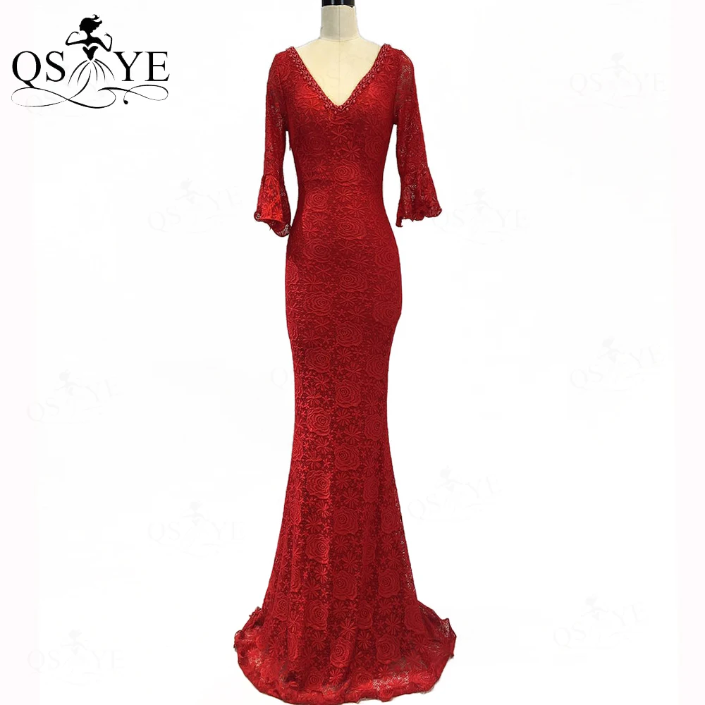 Vestido de noche rojo de encaje elástico para mujer, vestido de fiesta de sirena de manga larga, espalda baja abierta, entrecruzado, vestido Formal con cuentas y cuello en V