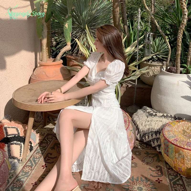 

Summer 2021 Women's Clothing Korean Fashion Harajuku Elegant White Long Dress Vintage Cotagecore Casual Sukienka