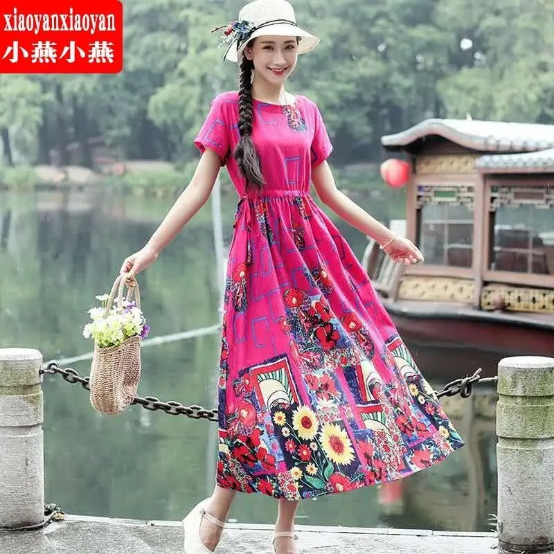 

Floral Printed Dress Summer New Loose and Plus-sized Short-Sleeved Retro Woman Dress Vestido De Mujer Femme Robe