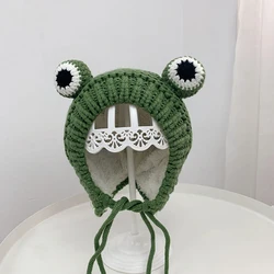 Solid Color Cartoon Frog Knitted Hat Winter Warm Hat Skullies Cap Beanie Hat For Kid Boy And Girl 44-50cm Plus Cashmere