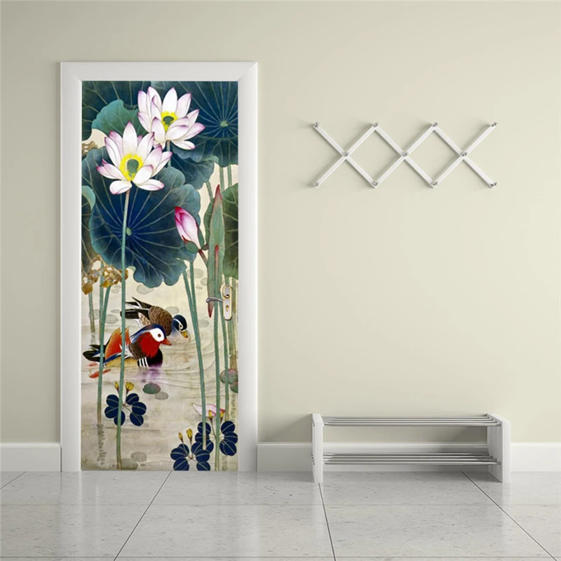 

Self-adhesive Chinese Flower Art Door Sticker Home Decoration Door Cover Wall Sticker Mural Entrance Wallpaper Poster