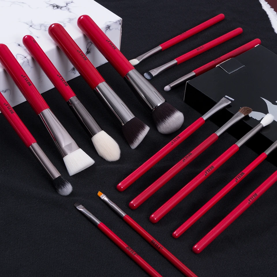 BEILI Makeup Brushes Set 15pcs Red Handle Professional Natural Hair Eyeshadow Powder Eyebrow Foundation Cosmetics Brush