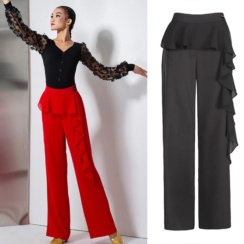 Pantaloni da ballo moderni arruffati pantaloni da donna a vita alta con gamba larga latina abbigliamento da competizione per la danza da sala da ballo femminile 5469