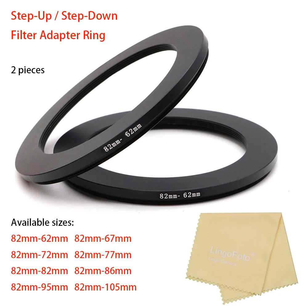 2-pieces Step-Up / Step-Down Ring Filter Adapter Ring with a Lens Cleaning Cloth , 82mm-62/67/72/77/82/86/95/105mm