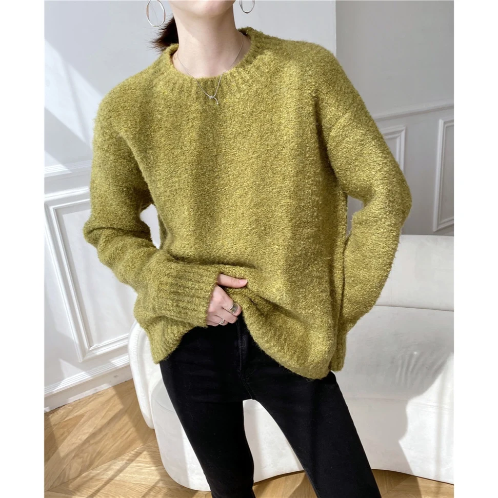 [ZAYAU]Soft Waxy Alpaca Loop Yarn Blended Casual Pullover Sweater women\'s Lazy Wind Round Neck Autumn Winter Thickened 2021