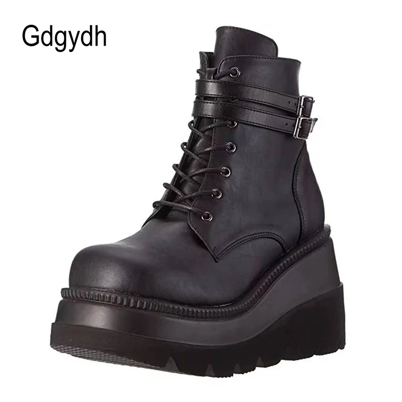 Gdgydh Fall Winter High Platform Boots Women Leather PU Wedges Ankle Boots Women Punky Style Party Goth Shoes Woman Big Size 43