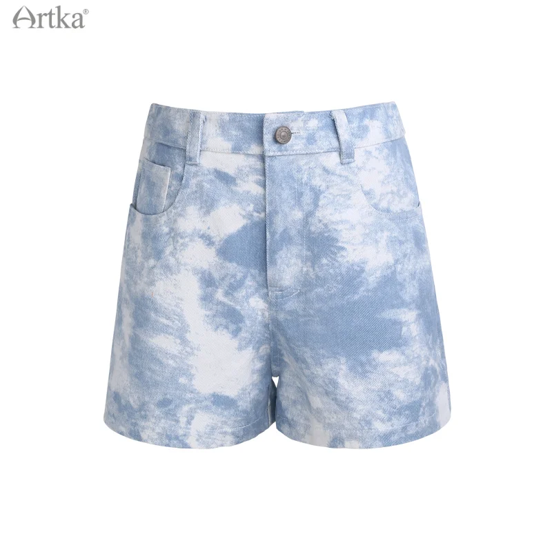 ARTKA-pantalones cortos de tela vaquera para mujer, Shorts informales de cintura alta con diseño teñido anudado, color azul, con bolsillo, KN22016X, novedad de verano 2021