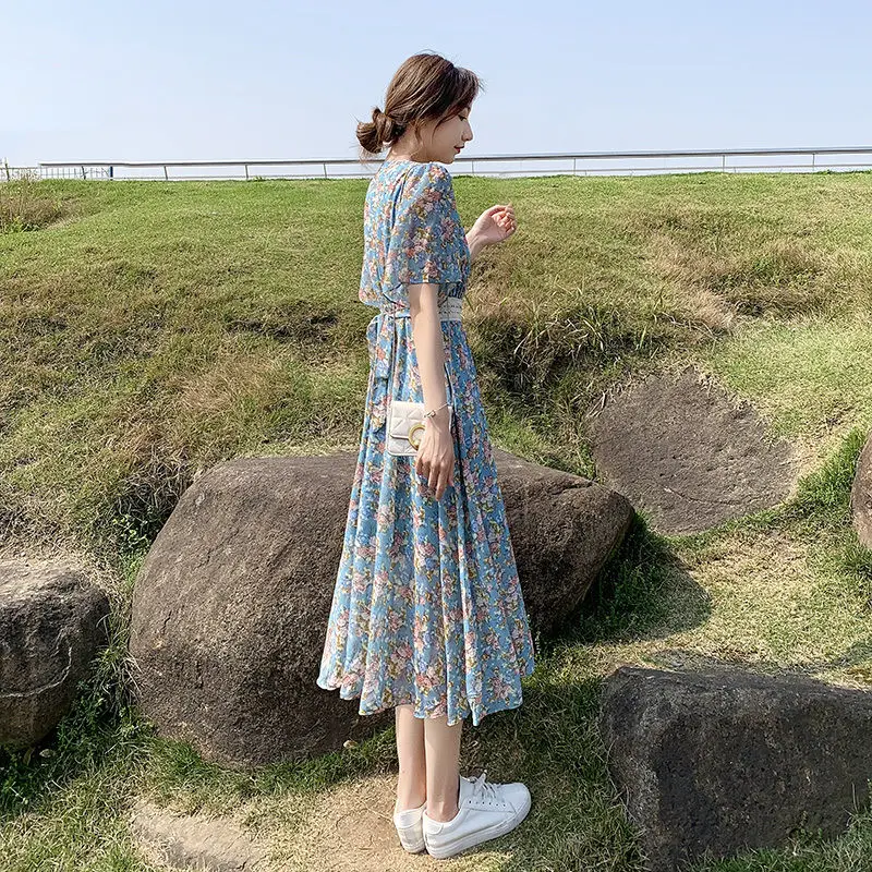 Robe Midi en mousseline de soie coréenne, grande taille, à fleurs, ample, décontractée, légère, mode, tunique pour femmes, élégante, Vintage, bleu, été, 2021