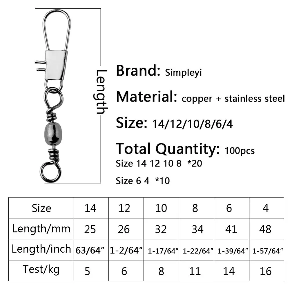 Conector de pesca giratorio de 6 tamaños, 100 unids/lote/caja, Pin a presión, señuelo de pesca rodante, aparejos de pesca de aleación, accesorios