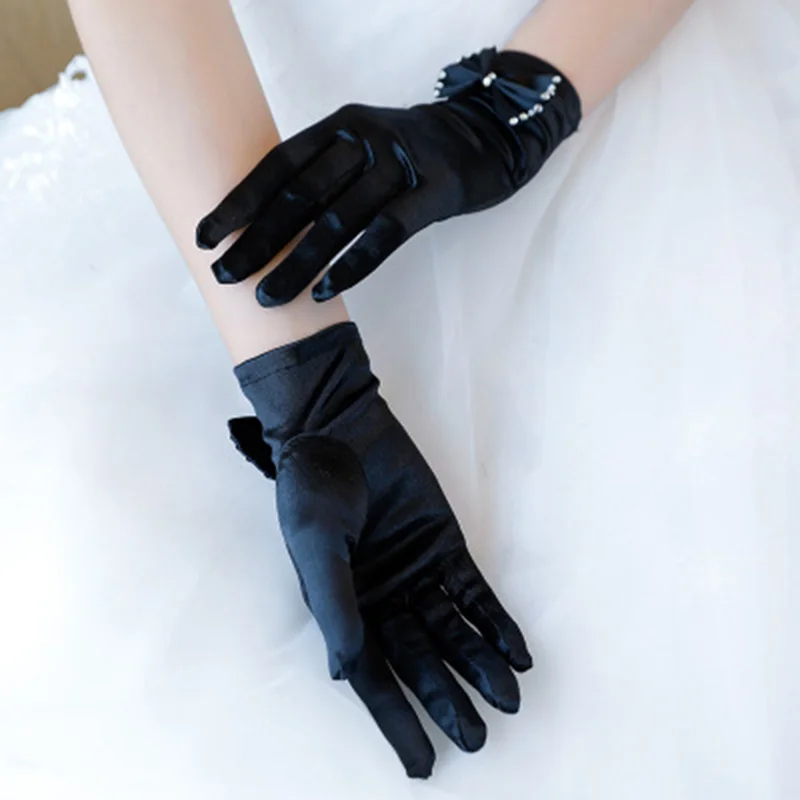 Black Sexy Bow Diamond Short Elastic Etiquette Mittens Thin Banquet Nobility Elegant Banquet Gloves Summer Driving Gloves H44