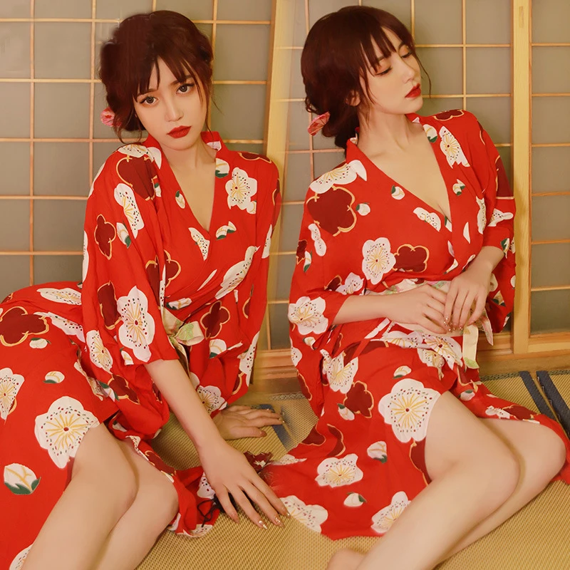 

Sexy Kimono Women Traditional Japanese Flower Print Vintage Haori Pajamas Bath Robe Uniform Temptation Dress Halloween Cosplay