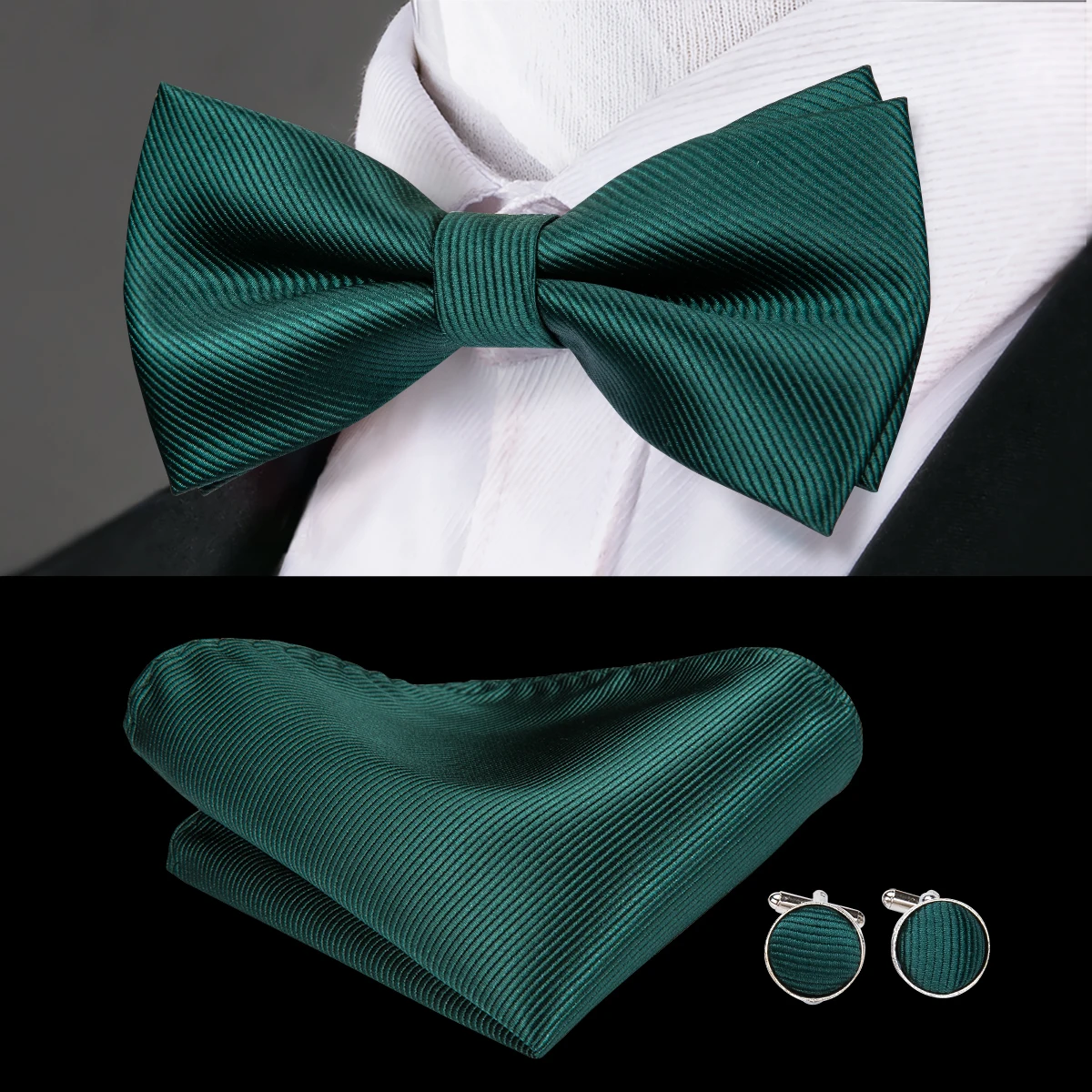 Hi-Tie Christmas Green Bow Ties for Men Silk Butterfly Tie Bow Tie Hanky Cufflinks Set Wedding Party Paisley Plaid Solid Bowtie