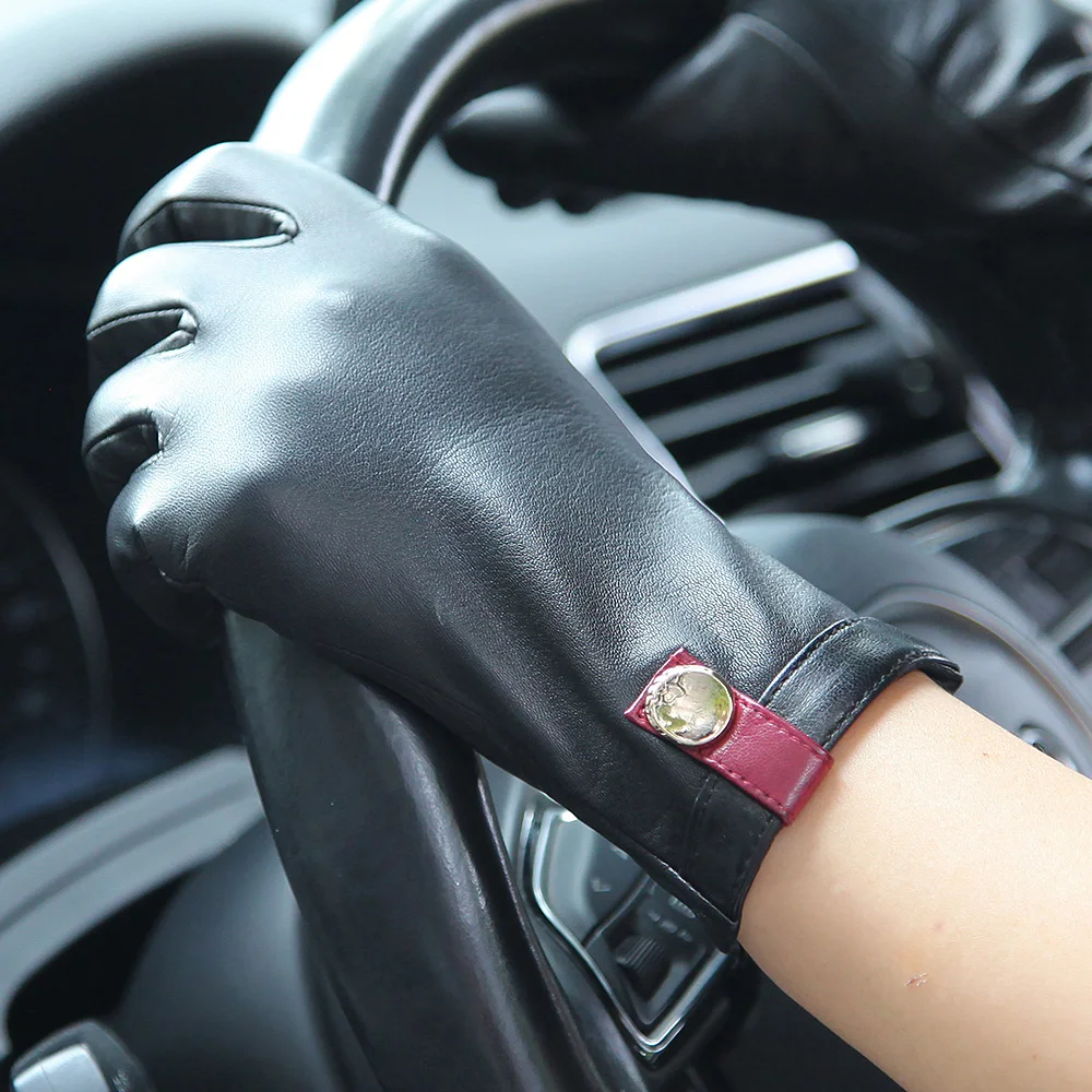 Real Leather Gloves Female Autumn Winter Thermal Cashmere Lined Black Women Sheepskin Driving Gloves XXL Size EL049NZ