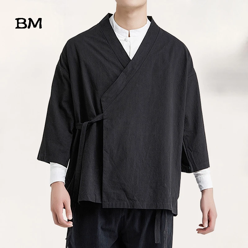 2020 Summer Chinese Style Linen Jacket Hanfu Men Costume Suit Loose Large Size Cotton Linen Retro Style Tang Suit Robe Male