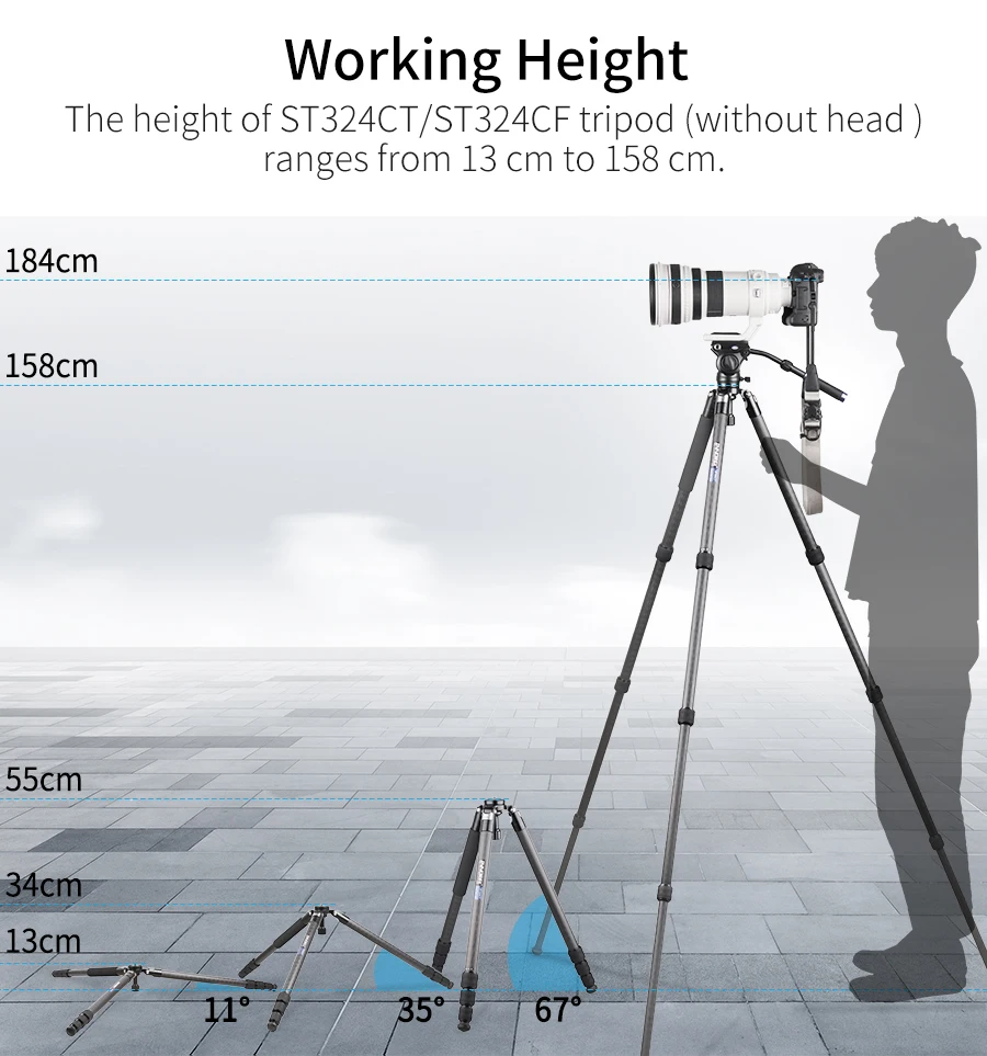 ST324CT/CF Professional 10 Layers Carbon Fiber Tripod for DSLR Camera Video Camcorder Birdwatching Heavy Duty Stand Bowl Adapter