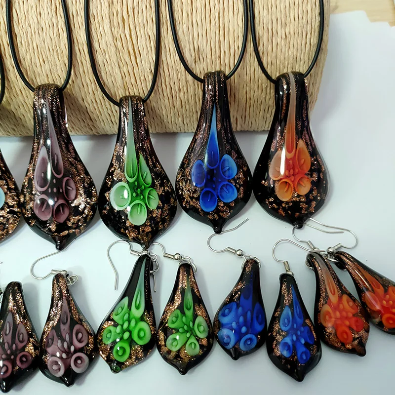 7 Sets Boho Mix Colors Fashion Murano Grass Flower Water Drop Pendant Necklace Earrings Jewelry Set For Women Blue Yellow Green