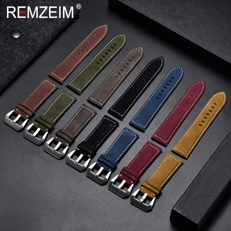 REMZEIM Vintage Brown Leather strap 18mm 20mm 22mm 24mm for Men Women Replacement Watchband Watches Bracelet Solid Buckle