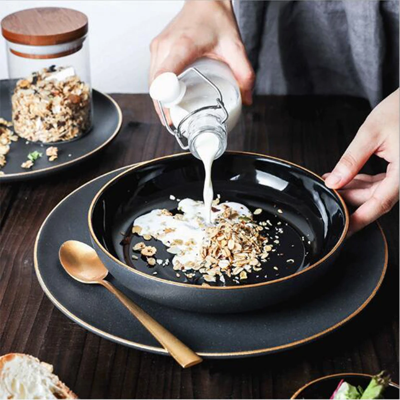 KINGLANG European Black Phnom Penh ceramic tableware set creative bowl salad bowl soup plate Western steak plate