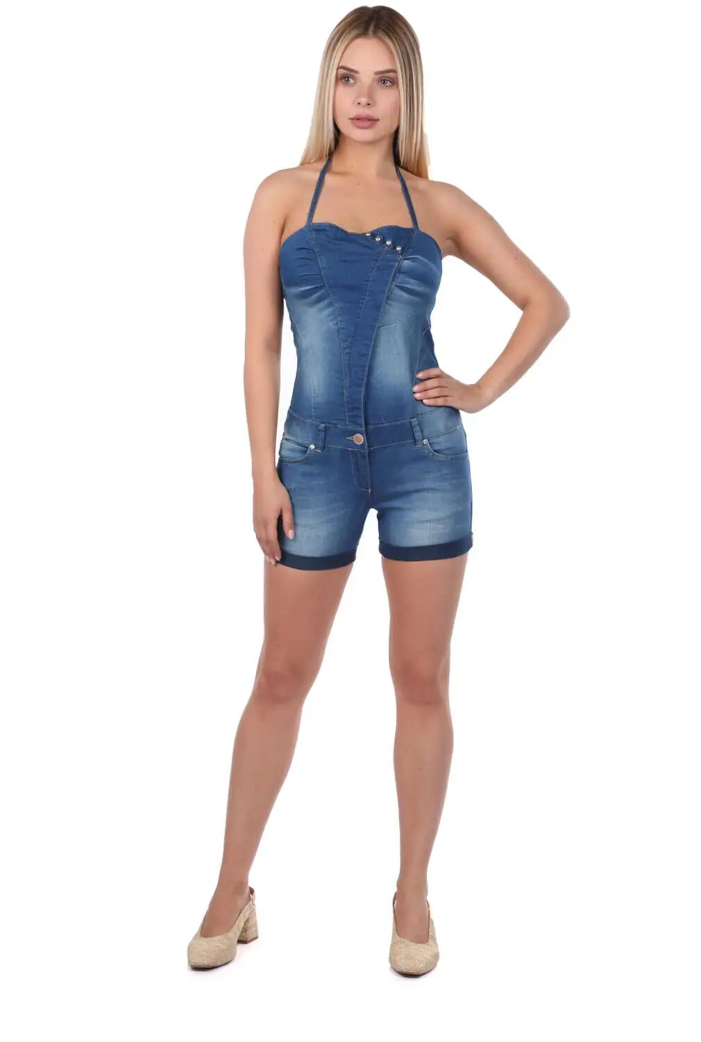 Blue White Women Slim Halter Jean Jumpsuit Shorts