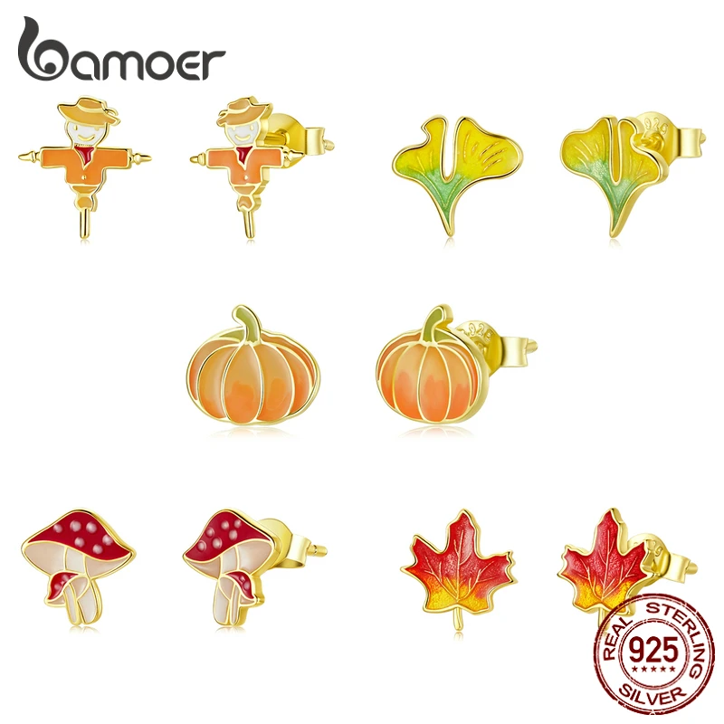 bamoer Autumn 925 Sterling Silver Orange Scarecrow Ginkgo Maple Leaf Stud Earrings Mushroom Pumpkin Earrings for Women Jewelry