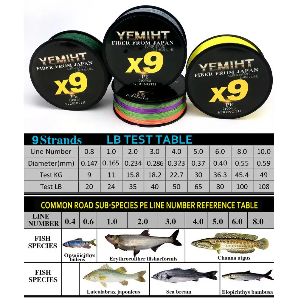 YEMIHT 9 Strands 100/300/500m 9 Weaves 20LB - 80LB PE Braided Fishing Line For Sea Saltwater Fishing