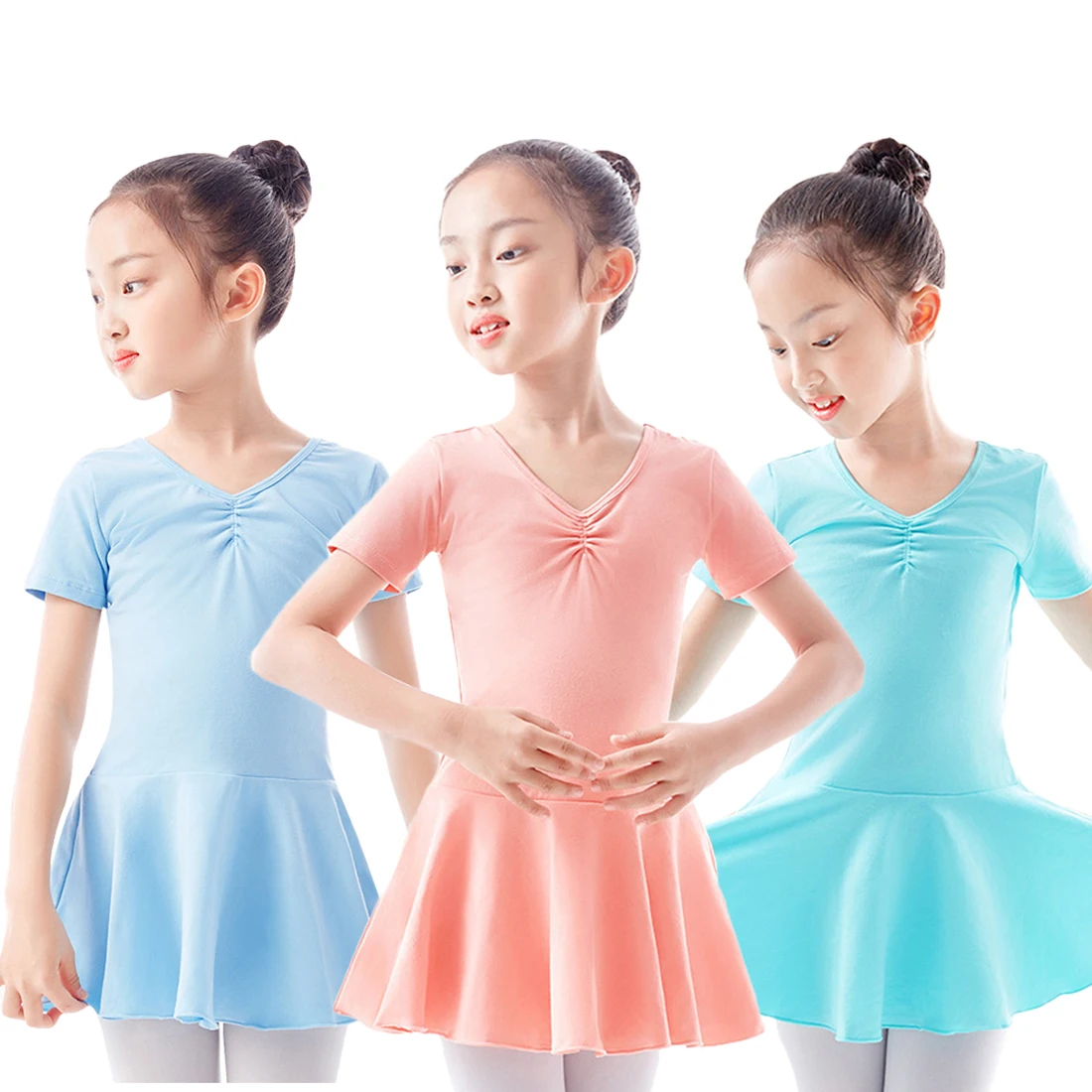 

2Pcs Child Girls Swan Ballet Dance Dress Kids Gymnastics Practice Performance Wear Short/ Long Sleeve Clothes with Shorts