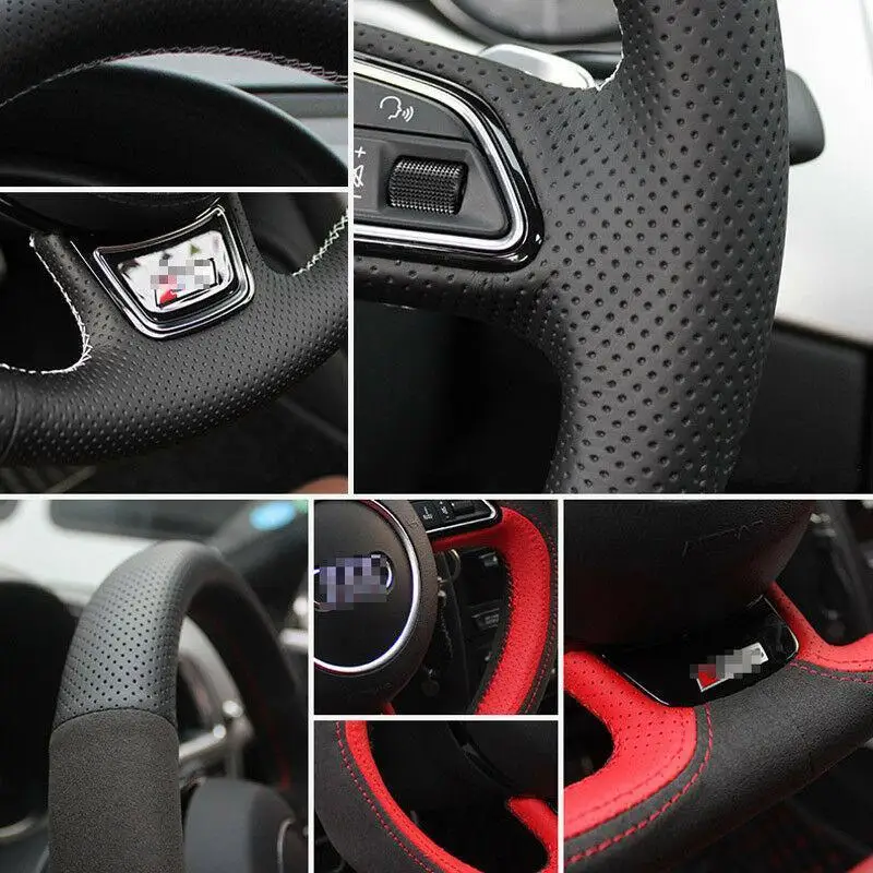 For Ford Mustang / Mustang GT 2015-2019 Customize Hand Sewing Car Steering Wheel Cover Black And Red Suede Leather Holder