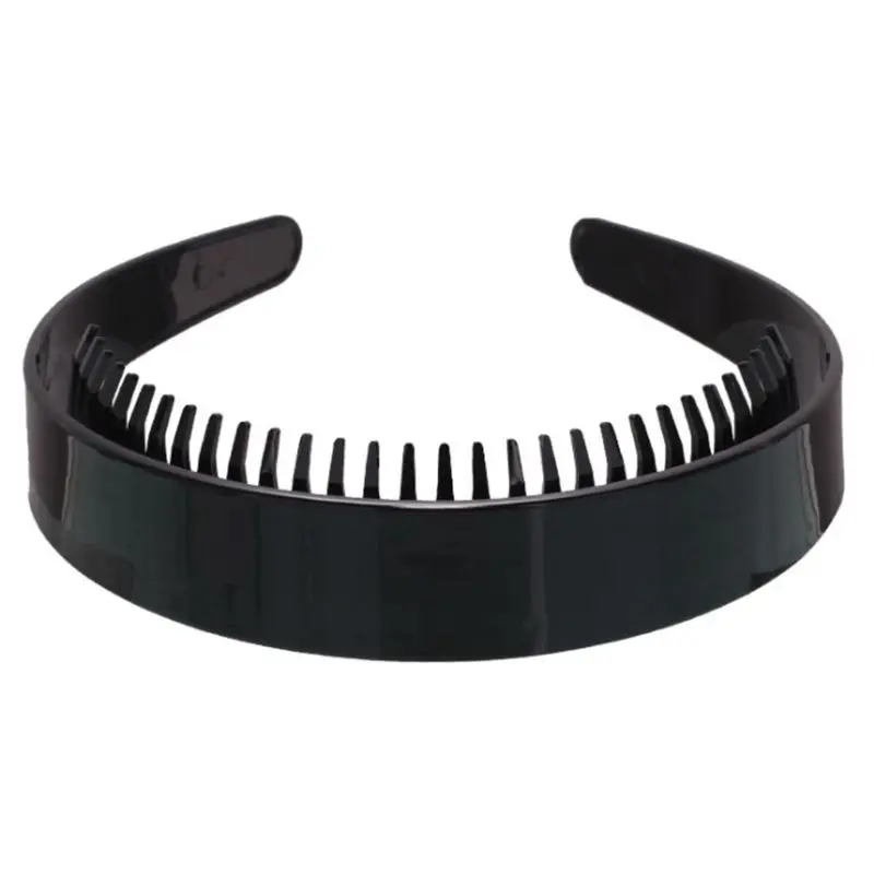 Women Girls 2.5cm Wide Plain Headband with Non-Slip Teeth Comb Shiny Black Plastic Hair Hoop DIY Styling Makeup Headwear