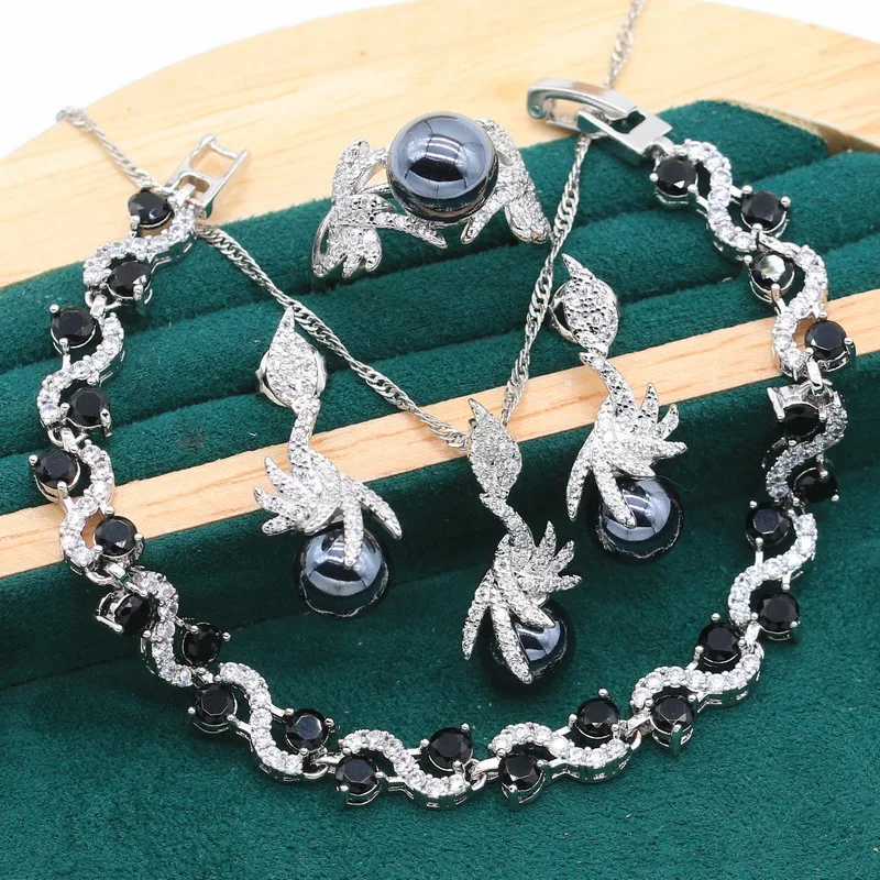 Black Pearl 925 Sterling Silver Jewelry Set For Women Bride Bracelet Pierced Earrings Necklace Pendant Ring Wedding Gift 4PCS