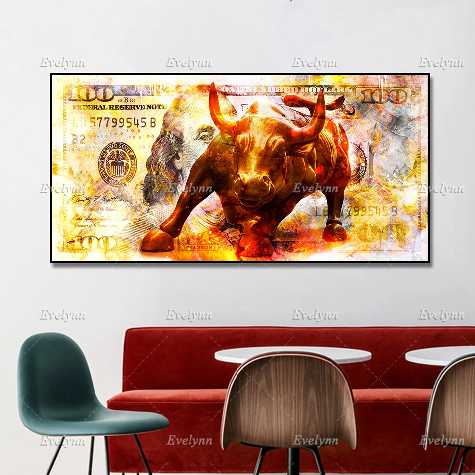 Golden Bull Wall Print100 Dollars Bull Painting Bull Statue Pop Art Motivational Wall Decor Money Artwork Print For Living Room