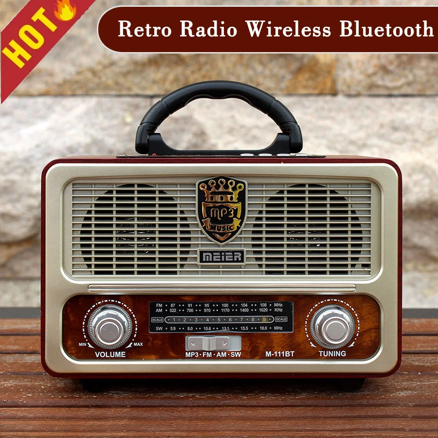 Retro outdoor wireless radio, portable wooden high fidelity speaker, full band FM radio, short wave radio, USB, TF card, MP3