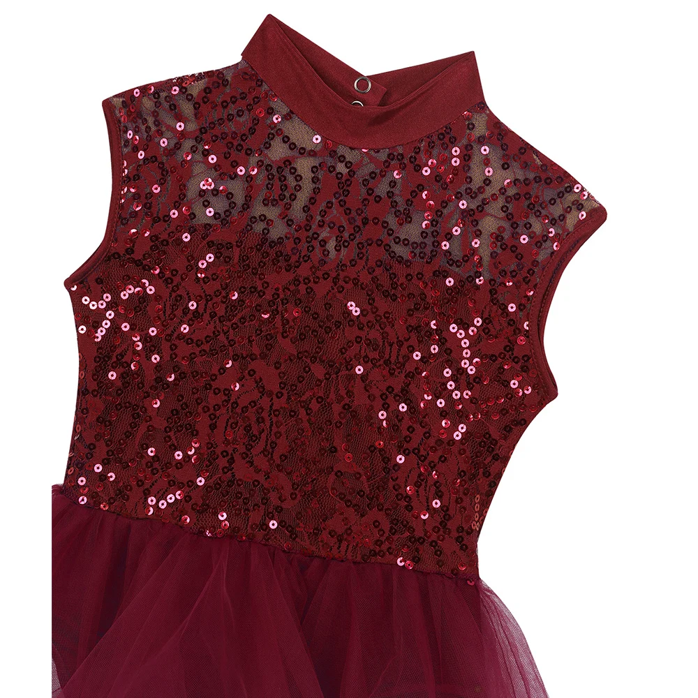 Girls Figure Ice Skating Dress Ballet Dress Leotard Dance Costume Sleeveless Mock Neck Sequins Keyhole Back Roller Skating Dress